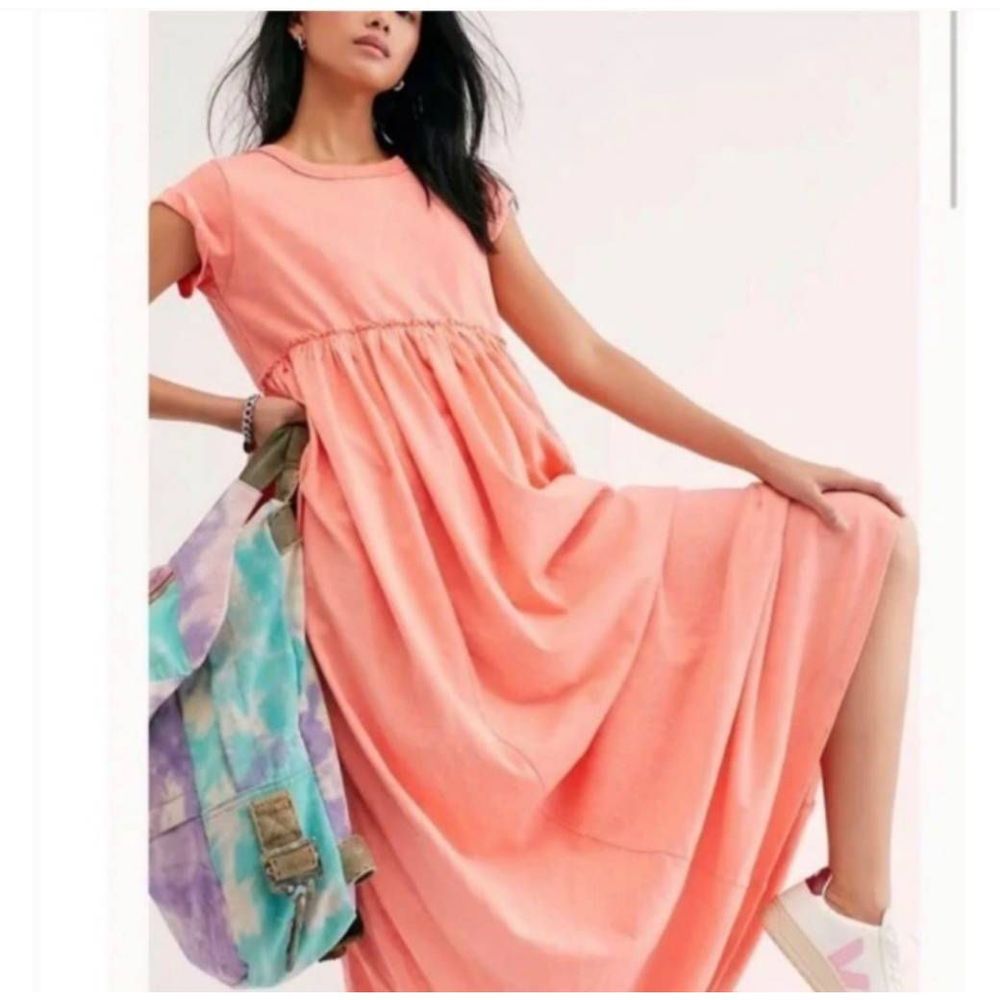 Free People Carissa Tee Maxi Dress Sz S Faded Peach Pleated Pockets Boho Hippie